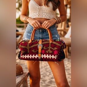 The Elephant Walk Bag Leather Fabric Red Brown Hand Crafted